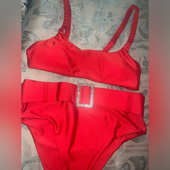 Red High Waisted Two Piece Set | High Waist Red Belted Bikini - Picture 6 of 9